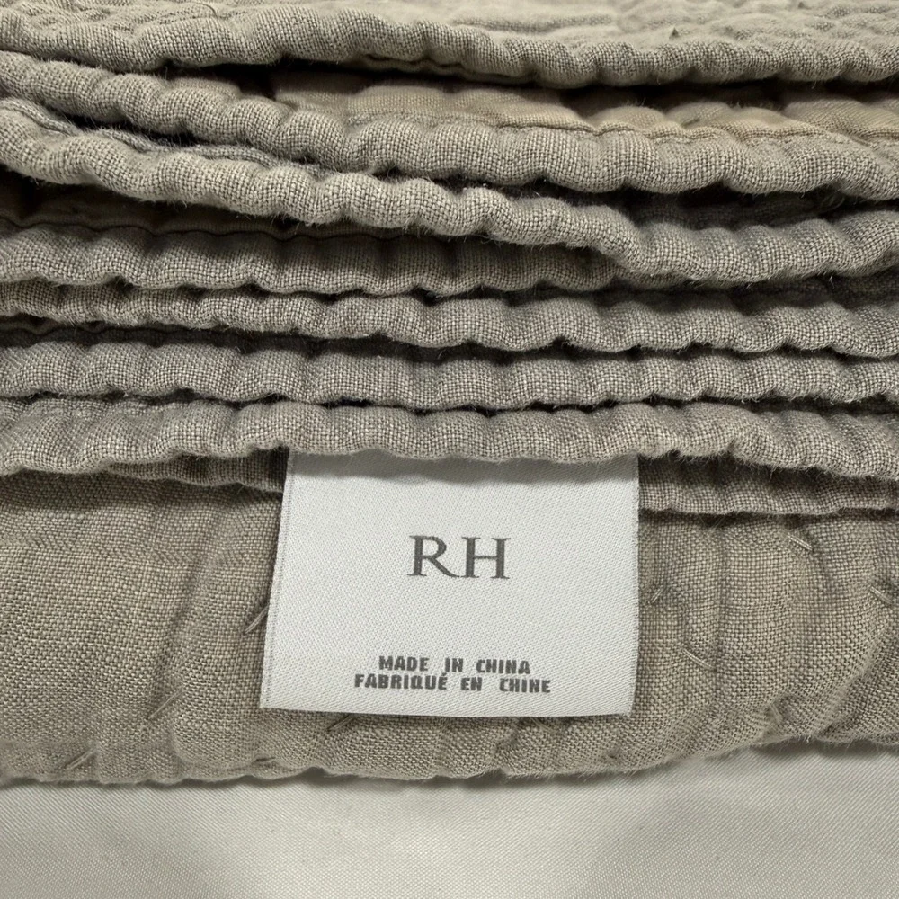 RH Restoration Hardware Linen Cotton Kantha Pick Stitch Quilt King Grey Taupe